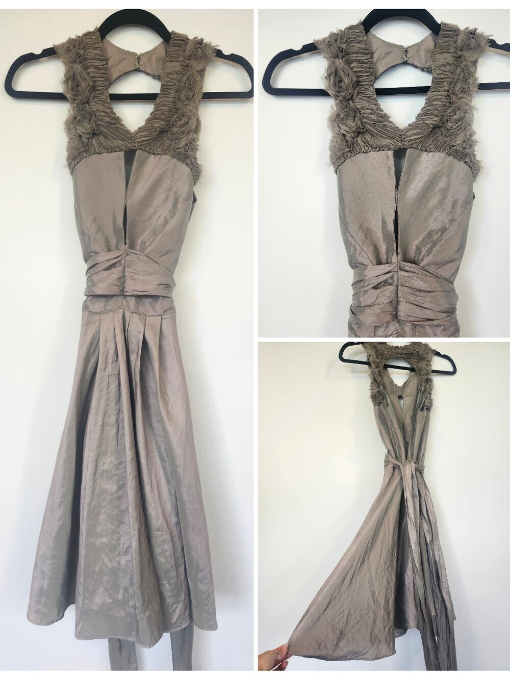 Sleeveless Taupe Floral Trim Evening Dress